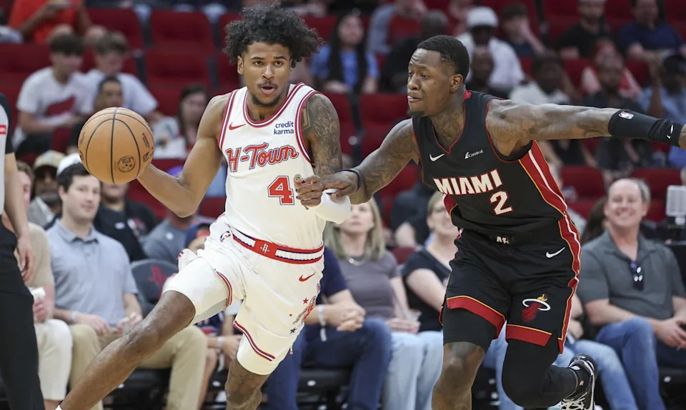Miami Heat guard Terry Rozier (2) and former Houston Rockets guard Jalen Green (4).Troy Taormina-Imagn Images