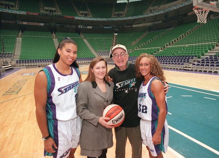 (Al Hartmann  |  The Slat Lake Tribune) From left, Utah Starzz players Natalie Williams, Kim Free, coach Frank Layden and Tammi Reiss.