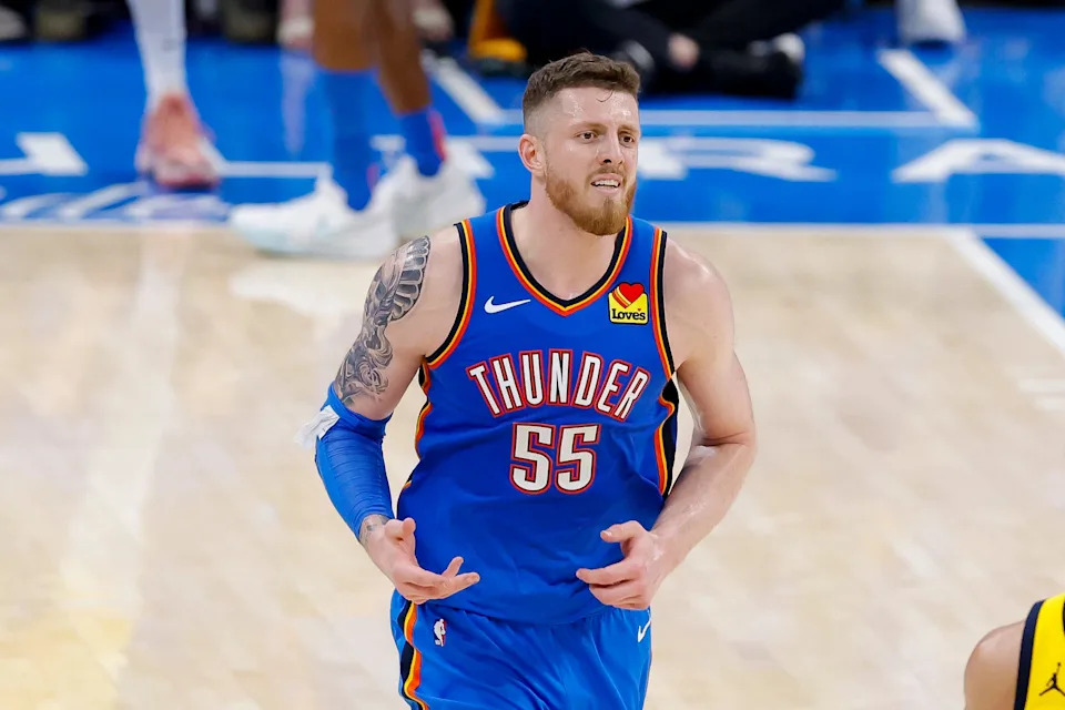 Jun 8, 2025; Oklahoma City, Oklahoma, USA; Oklahoma City Thunder center Isaiah Hartenstein (55) comes back up court against the Indiana Pacers during the fourth quarter of game two of the 2025 NBA Finals at Paycom Center. Mandatory Credit: Alonzo Adams-Imagn Images