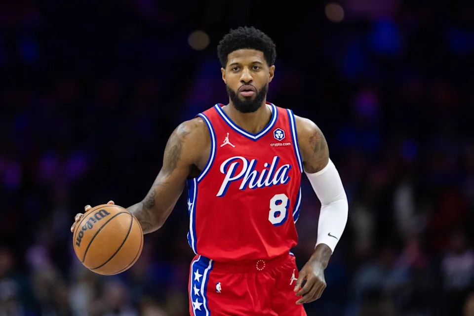 Jan 10, 2025; Philadelphia, Pennsylvania, USA; Philadelphia 76ers forward Paul George (8) dribbles the ball against the New Orleans Pelicans during the first quarter at Wells Fargo Center. Mandatory Credit: Bill Streicher-Imagn ImagesMandatory Credit&colon; Bill Streicher-Imagn Images