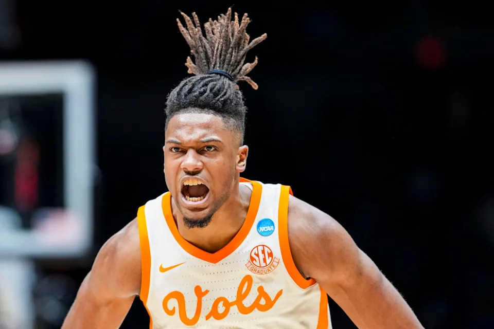 Tennessee Volunteers guard Chaz Lanier celebrates Friday, March 28, 2025, during the NCAA tournament Sweet 16 game at Lucas Oil Stadium in Indianapolis.