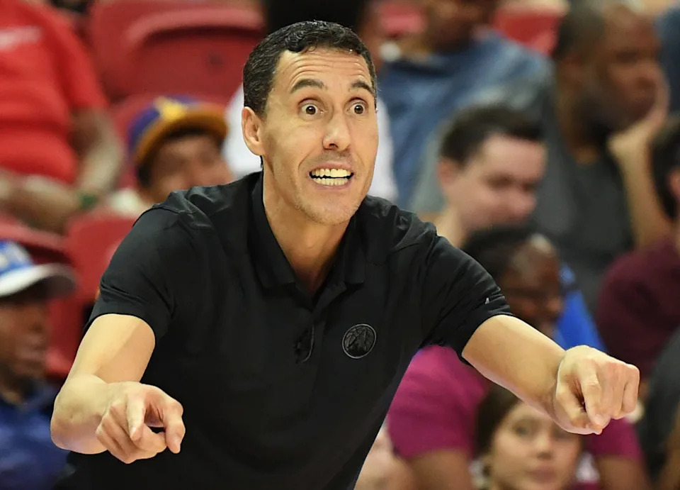 Jul 14, 2019; Las Vegas, NV, USA; Minnesota Timberwolves Summer League head coach Pablo Prigioni yells to his team during an NBA Summer League game against the Brooklyn Nets at Thomas & Mack Center. Mandatory Credit: Stephen R. Sylvanie-USA TODAY SportsCredit: Stephen R. Sylvanie-Imagn Images