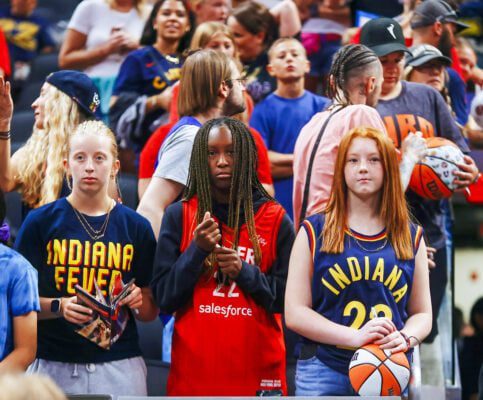 Golden State Valkyries at Indiana Fever WNBA basketball Game at Gainbridge Fieldhouse on July 9, 2025, also known as "WNBA Kids Day," photo taken by David Dixon of the Indianapolis Recorder Newspaper.