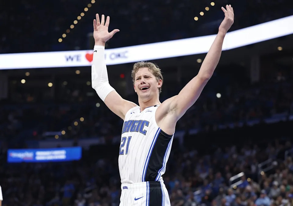 Nov 4, 2024; Oklahoma City, Oklahoma, USA; Orlando Magic center Moritz Wagner (21) reacts after a play against the Oklahoma City Thunder during the second half at Paycom Center. Credit&colon; Alonzo Adams-Imagn Images