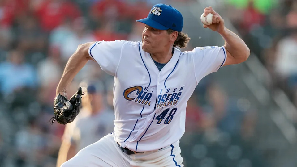 Hill pitching for the Royals' Triple-A team this year. (Omaha Storm Chasers)