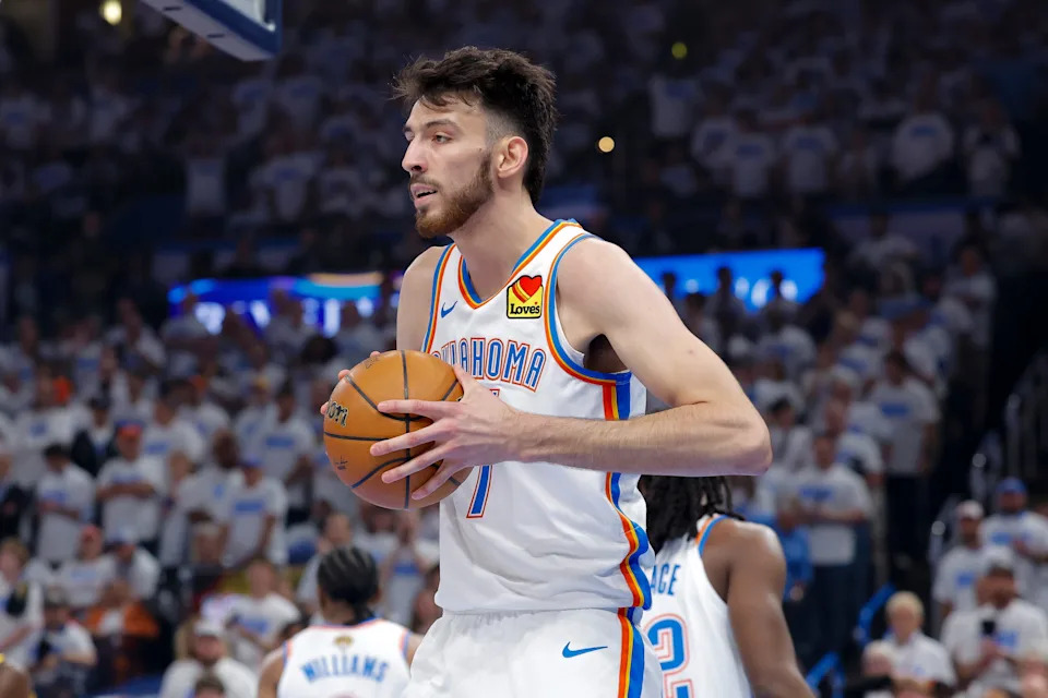 Jun 5, 2025; Oklahoma City, Oklahoma, USA; Oklahoma City Thunder forward Chet Holmgren (7) looks on during the first quarter against the Indiana Pacers during game one of the 2025 NBA Finals at Paycom Center. Mandatory Credit: Alonzo Adams-Imagn Images