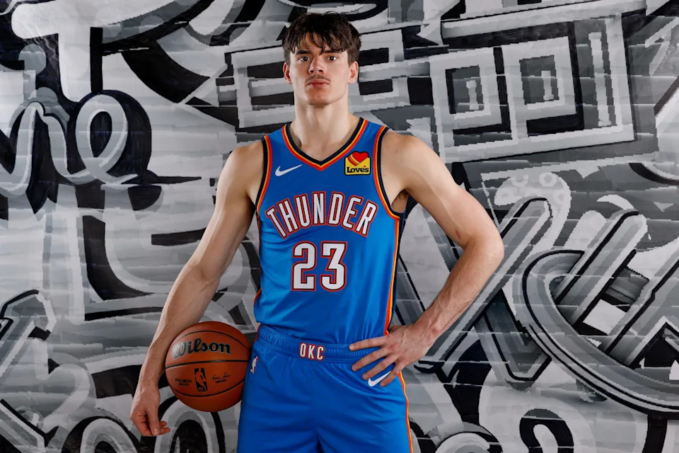 LAS VEGAS, NEVADA - JULY 16: Brooks Barnhizer #23 of the Oklahoma City Thunder poses for a portrait during the 2025 NBA Rookie Photo Shoot at UNLV on July 16, 2025 in Las Vegas, Nevada. NOTE TO USER: User expressly acknowledges and agrees that, by downloading and or using this photograph, User is consenting to the terms and conditions of the Getty Images License Agreement (Photo by Harry How/Getty Images)