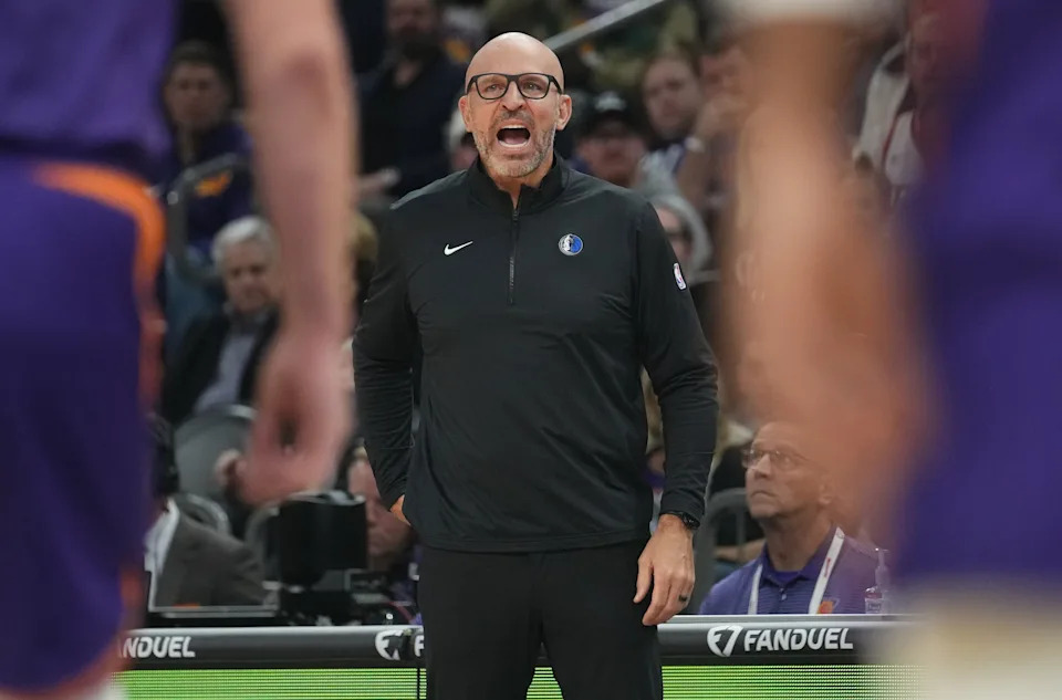 Dallas Mavericks head coach Jason Kidd yells out to his team as they play the Phoenix Suns at Footprint Center in Phoenix on Dec. 27, 2024.