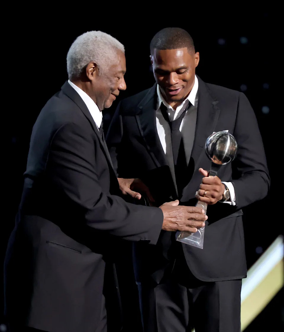 Oscar Robertson accepts the Arthur Ashe Award for Courage from Russell Westbrook onstage during the 2025 ESPY Awards at Dolby Theatre on July 16 in Hollywood, California.
