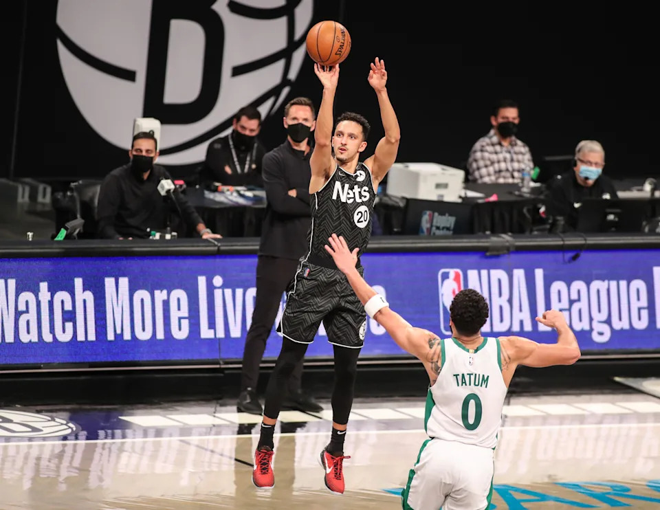 Mar 11, 2021; Brooklyn, New York, USA; Brooklyn Nets guard Landry Shamet (20) at Barclays Center. Mandatory Credit: Wendell Cruz-USA TODAY Sports