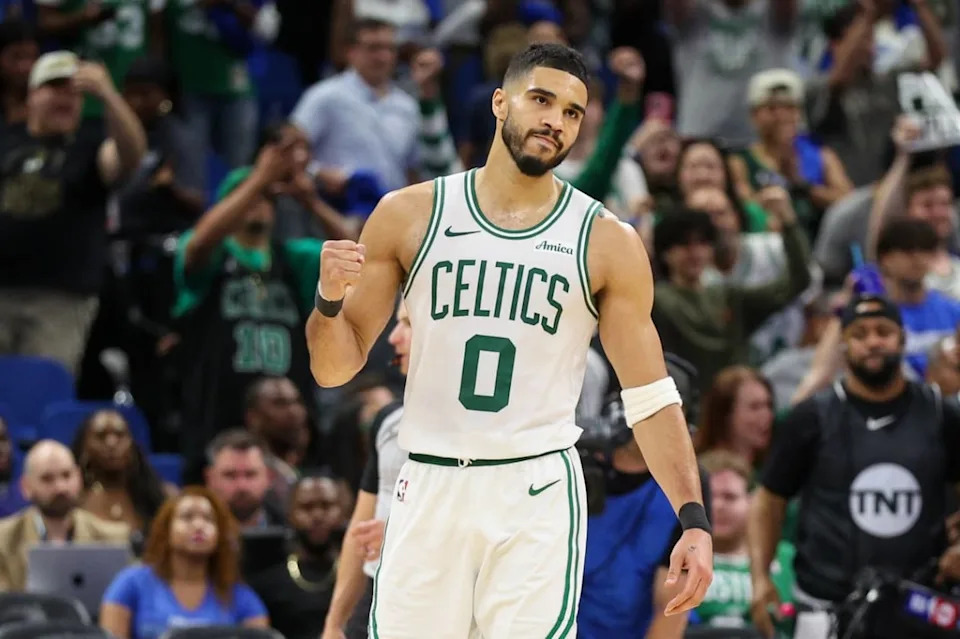 Apr 27, 2025; Orlando, Florida, USA; Boston Celtics forward Jayson Tatum (0) reacts after beating the Orlando Magic in game four of first round for the 2025 NBA Playoffs at Kia Center. Mandatory Credit: Nathan Ray Seebeck-Imagn ImagesMandatory Credit: Nathan Ray Seebeck-Imagn Images