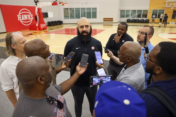 Hawks general manager Onsi Saleh speaks during a press conference last week.