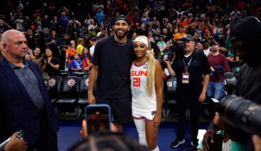 When the Sun played at TD Garden last August, Celtics star Jayson Tatum was in attendance, posing with DiJonai Carrington.