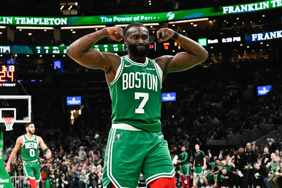 Boston, Massachusetts, USA; Boston Celtics guard Jaylen Brown (7) reacts to his basket against the Philadelphia 76ers during the second half at TD Garden. Mandatory Credit: Eric Canha-Imagn ImagesMandatory Credit: Eric Canha-Imagn Images