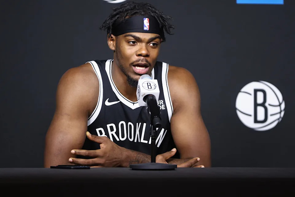 Sep 30, 2024; Brooklyn, NY, USA; Brooklyn Nets center Day'Ron Sharpe (20) during media day at Brooklyn Nets Media Day at HSS Training Center. Mandatory Credit: Wendell Cruz-Imagn Images