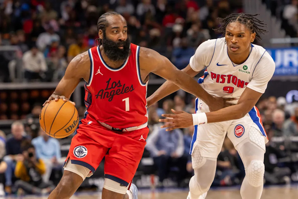 Detroit Pistons forward Ausar Thompson (9) defends against LA Clippers guard James Harden (1) during the second half at Little Caesars Arena.Credit: David Reginek-Imagn Images
