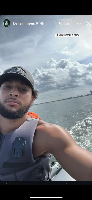 Ben Simmons shares a picture of himself in a life vest and cap, riding a jet ski in Miami Beach, Florida amid Free Agency.bensimmons/ig