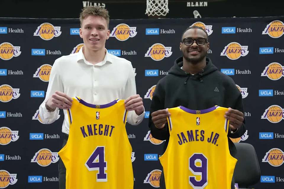 Los Angeles Lakers first round draft pick Dalton Knecht (4) and second round draft pick Bronny James (9)Kirby Lee-USA TODAY Sports