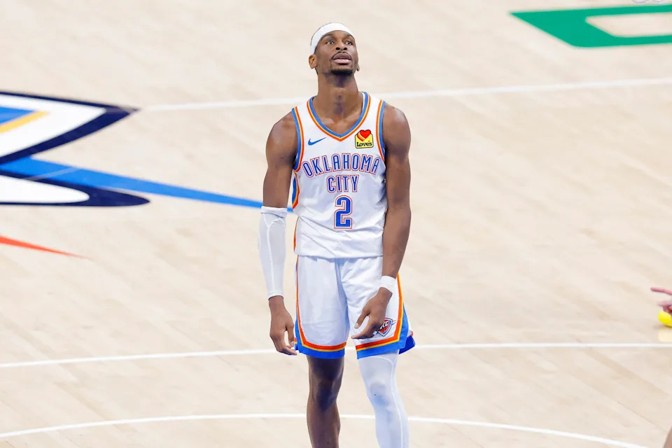 Jun 16, 2025; Oklahoma City, Oklahoma, USA; Oklahoma City Thunder guard Shai Gilgeous-Alexander (2) looks on during the fourth quarter against the Indiana Pacers in game five of the 2025 NBA Finals at Paycom Center. Mandatory Credit: Alonzo Adams-Imagn Images