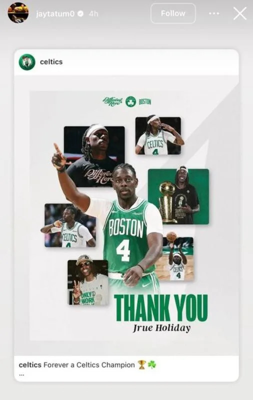 Jayson Tatum reposted the Celtics' post on his Instagram Story.Jayson Tatum&comma; Instagram