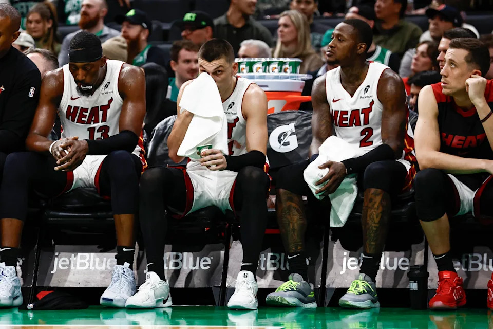 Miami Heat teammates Bam Adebayo, Tyler Herro, Terry Rozier.Winslow Townson-Imagn Images