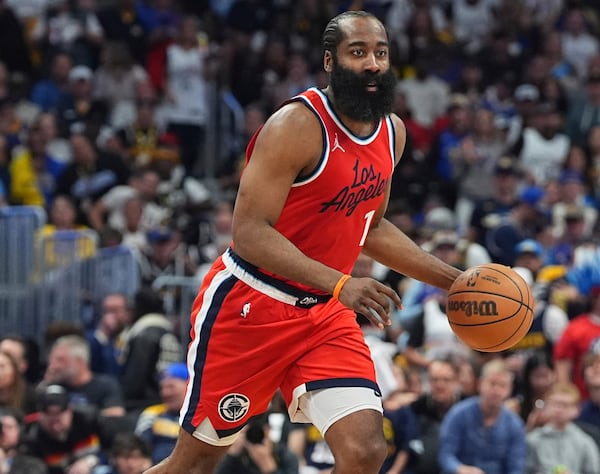 FILE - Los Angeles Clippers guard James Harden (1) in the second half of Game 7 of an NBA basketball first-round playoff series Saturday, May 3, 2025, in Denver. (AP Photo/David Zalubowski, File)
