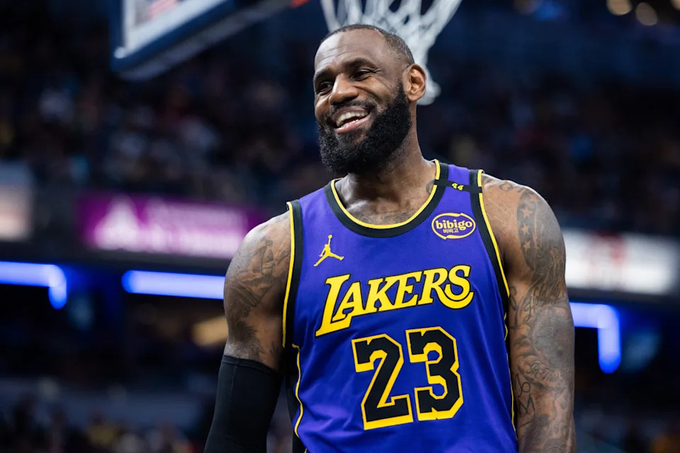 Los Angeles Lakers forward LeBron James (23) reacts in the second half against the Indiana Pacers.Trevor Ruszkowski-Imagn Images