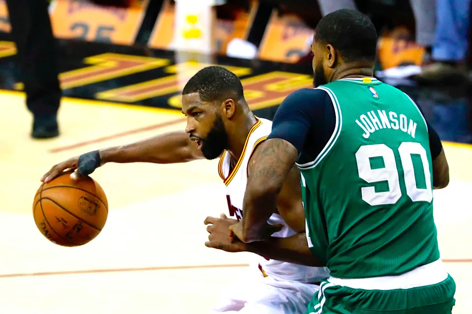 May 21, 2017; Cleveland, OH, USA; Cleveland Cavaliers center Tristan Thompson (13) is defended by Boston Celtics forward Amir Johnson (90) during the second half in game three of the Eastern conference finals of the NBA Playoffs at Quicken Loans Arena. Mandatory Credit: Rick Osentoski-USA TODAY Sports