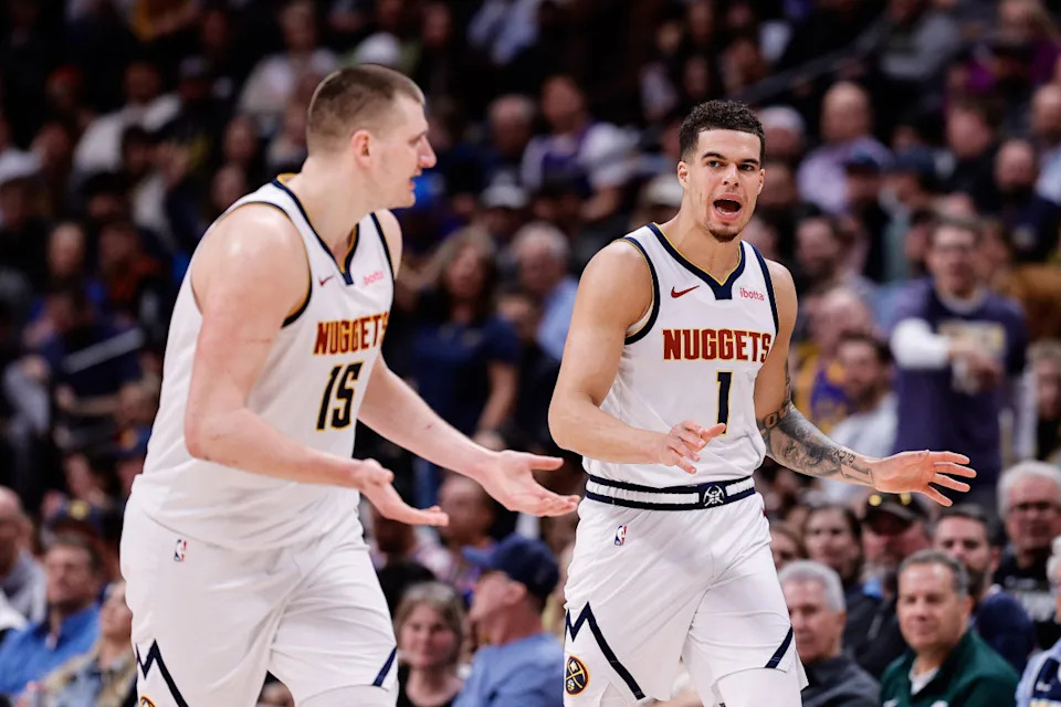 Nuggets stars Nikola Jokic and Michael Porter Jr. react during a game against the Knicks.Isaiah J. Downing-Imagn Images