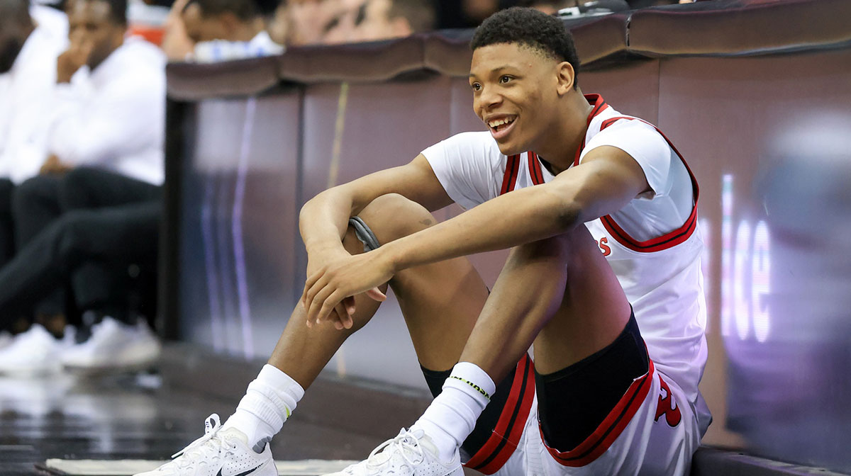 Rutgers Scarlet Knights guard Ace Bailey (4) waits to be subbed in during the second half against Princeton Tigers at Prudential Center.