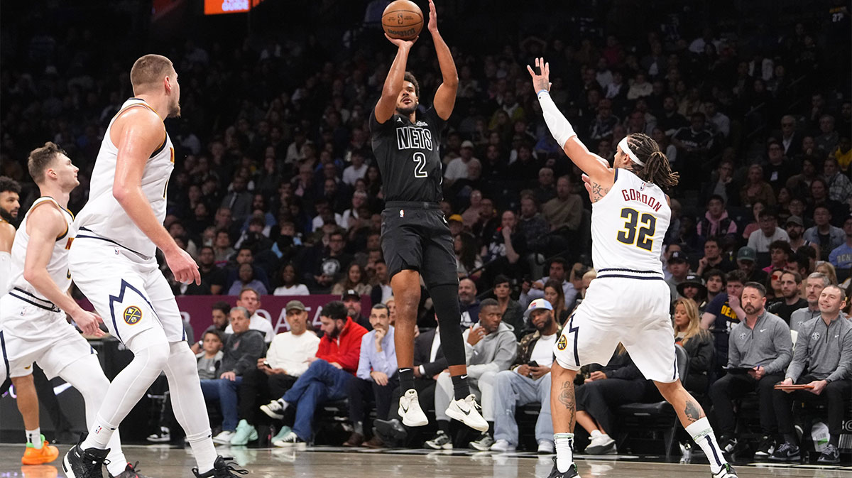 Brooklyn Nets small forward Cameron Johnson (2) shoots a jump shot against Denver Nuggets power forward Aaron Gordon (32) during the second half at Barclays Center. NBA offseason addition