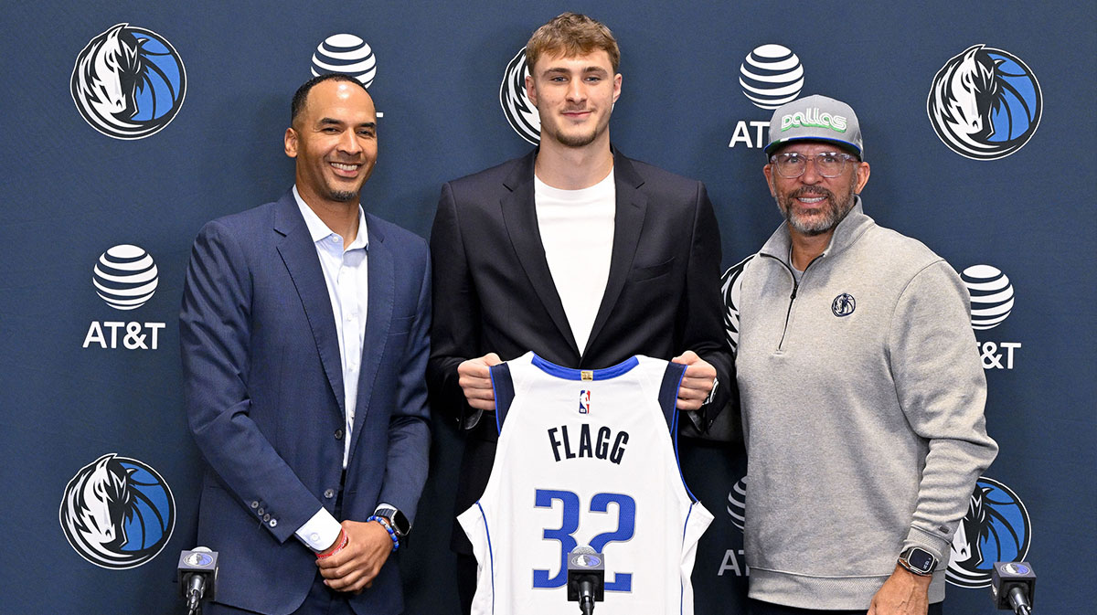 (from left) Dallas Mavericks general manager Nico Harrison and Mavericks first overall pick Cooper Flagg and head coach Jason Kidd pose for a photo at the Dallas Mavericks Practice Facility. NBA offseason addition Cooper Flagg