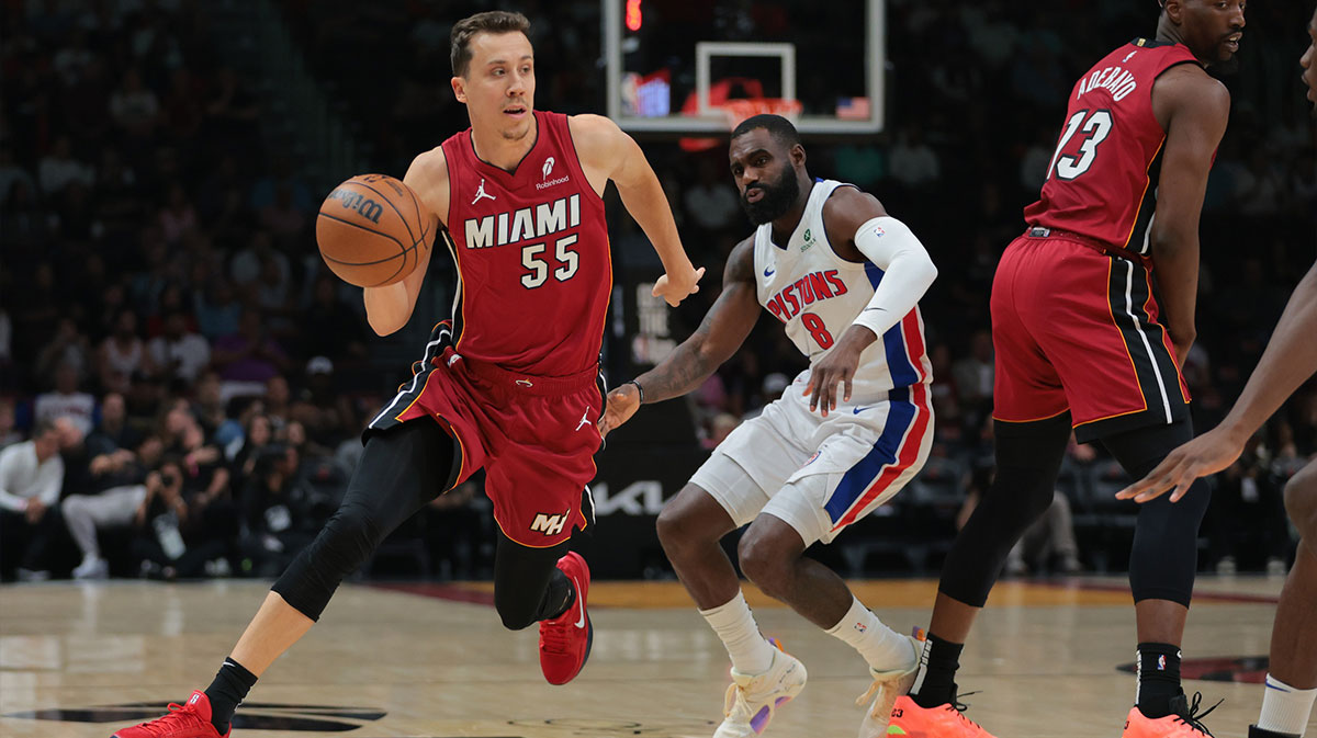 Miami Heat forward Duncan Robinson (55) drives to the basket past Detroit Pistons forward Tim Hardaway Jr. (8) during the first quarter at Kaseya Center. NBA offseason addition Duncan Robinson