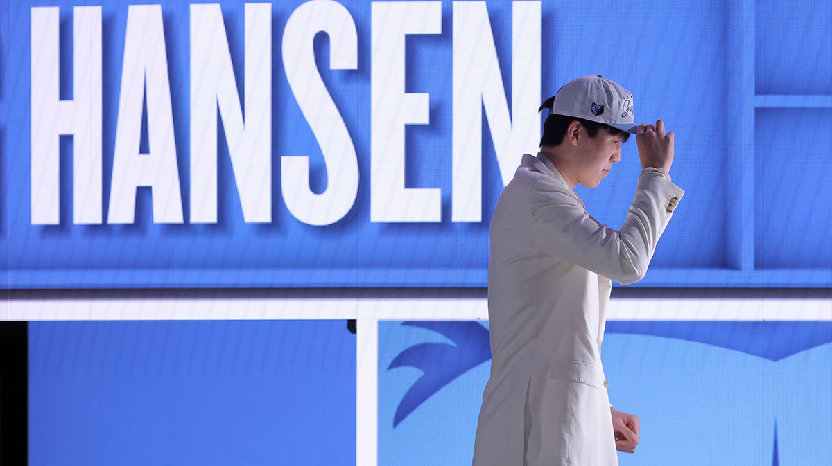 Yang Hansen looks on after being selected as the 16th pick by the Memphis Grizzlies in the first round of the 2025 NBA Draft at Barclays Center. 
