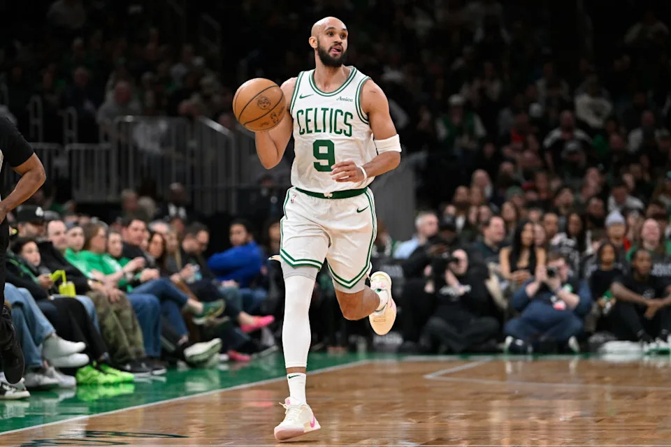 Apr 11, 2025; Boston, Massachusetts, USA; Boston Celtics guard Derrick White (9) dribbles the ball against the Charlotte Hornets during the first half at TD Garden. Mandatory Credit: Eric Canha-Imagn Images Mandatory Credit: Eric Canha-Imagn Images