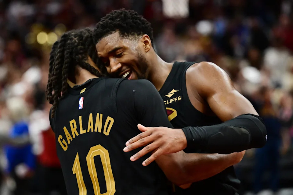 Cleveland Cavaliers guards Darius Garland (10) and Donovan Mitchell (45) celebrate after the Cavs beat the Chicago Bulls on Friday, Nov. 15, 2024, in Cleveland.