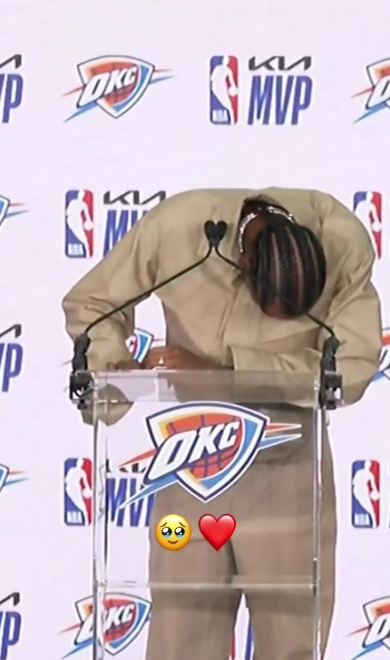 Shai Gilgeous-Alexander crying at a podium after an NBA MVP announcement.