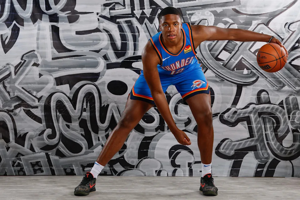 LAS VEGAS, NEVADA - JULY 16: Thomas Sorber #12 of the Oklahoma City Thunder poses for a portrait during the 2025 NBA Rookie Photo Shoot at UNLV on July 16, 2025 in Las Vegas, Nevada. NOTE TO USER: User expressly acknowledges and agrees that, by downloading and or using this photograph, User is consenting to the terms and conditions of the Getty Images License Agreement (Photo by Harry How/Getty Images)