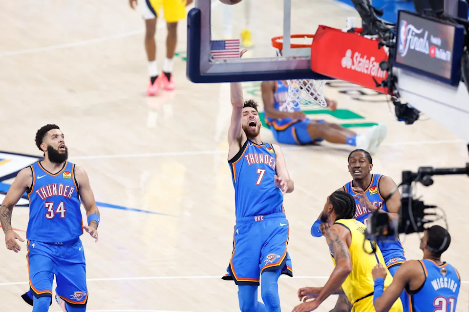Jun 22, 2025; Oklahoma City, Oklahoma, USA; Oklahoma City Thunder forward Chet Holmgren (7) shoots the ball against the Indiana Pacers during the first half of game seven of the 2025 NBA Finals at Paycom Center. Mandatory Credit: Alonzo Adams-Imagn Images