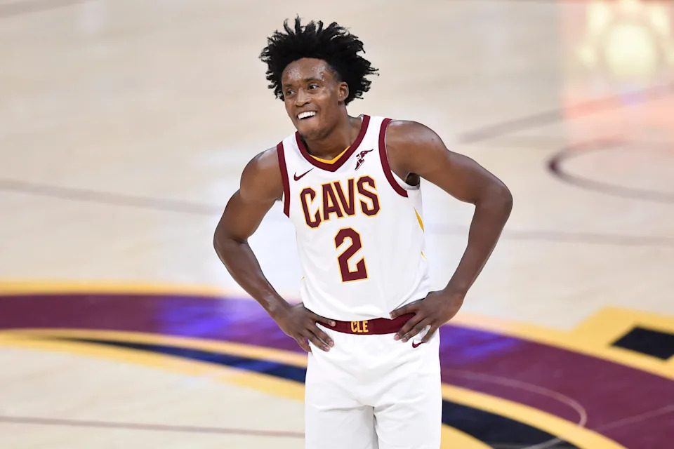 Feb 3, 2021; Cleveland, Ohio, USA; Cleveland Cavaliers guard Collin Sexton (2) reacts in the fourth quarter against the LA Clippers at Rocket Mortgage FieldHouse. Mandatory Credit: David Richard-USA TODAY Sports