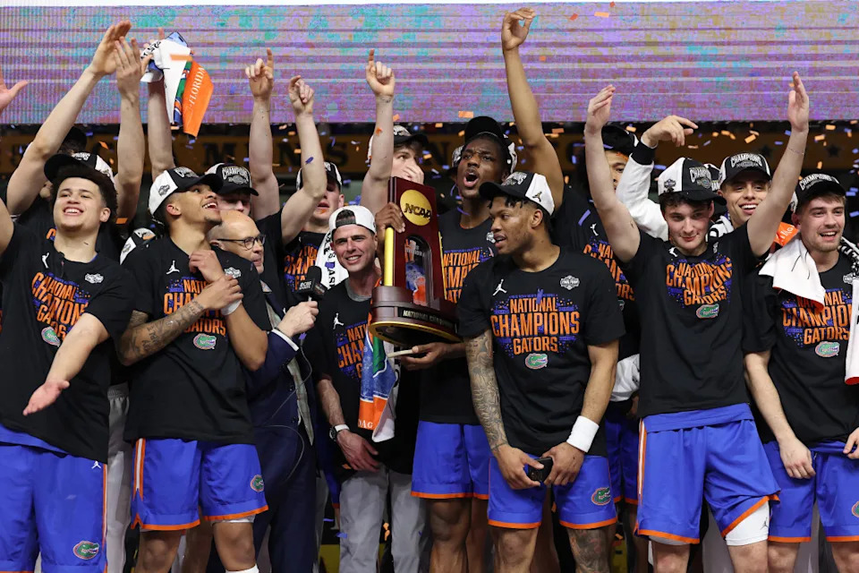SAN ANTONIO, TEXAS - APRIL 07: The Florida Gators celebrate after defeating the Houston Cougars in the National Championship of the NCAA Men's Basketball Tournament at the Alamodome on April 07, 2025 in San Antonio, Texas. (Photo by Jamie Squire/Getty Images)Jamie Squire/Getty Images