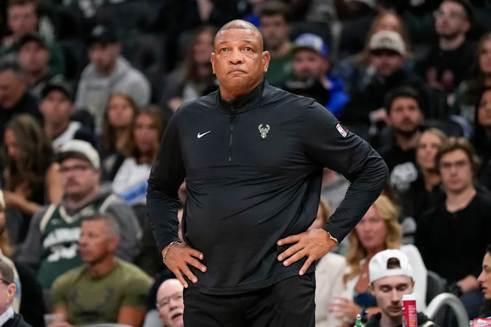 Milwaukee Bucks head coach Doc Rivers looks on during the first quarter.© Jeff Hanisch-Imagn Images