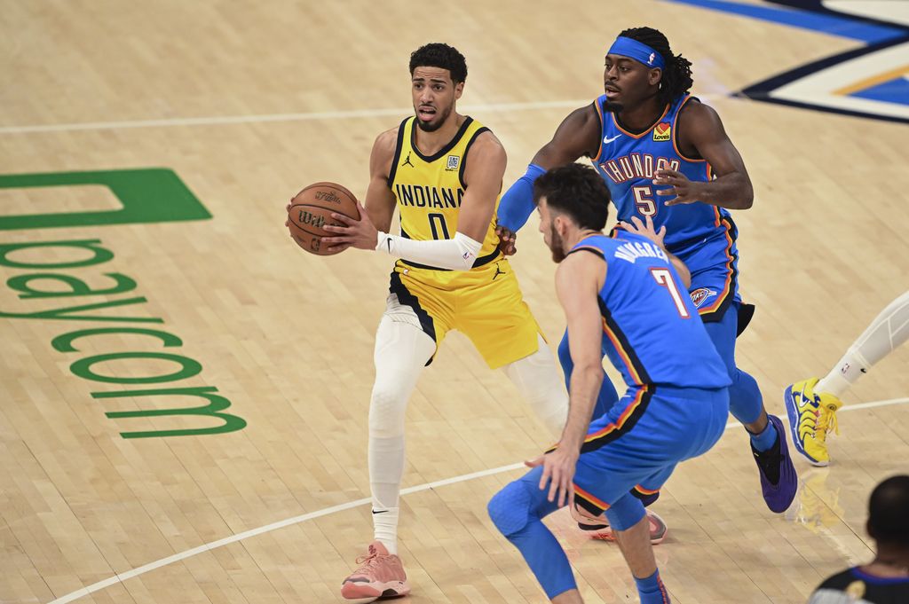 Tyrese Haliburton of Indiana Pacers in action against Oklahoma City Thunder during NBA Finals game 7 