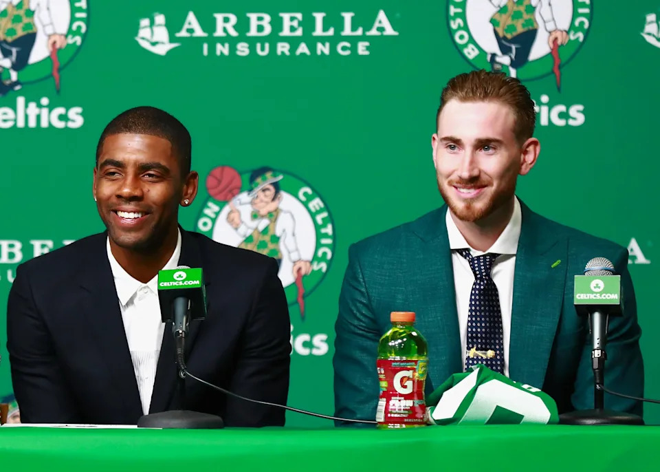 BOSTON, MA - SEPTEMBER 01: Kyrie Irving #11 and Gordon Hayward #20 of the Boston Celtics look on during their introduction as the newest members of Boston Celtics at TD Garden on September 1, 2017 in Boston, Massachusetts. (Photo by Omar Rawlings/Getty Images)