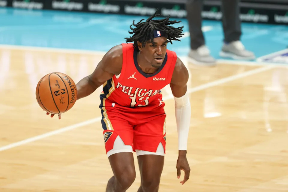 May 9, 2021; Charlotte, North Carolina, USA; New Orleans Pelicans guard Kira Lewis Jr. (13) runs the offense against the Charlotte Hornets in the first half at Spectrum Center. The New Orleans Pelicans won 112-110. Mandatory Credit: Nell Redmond-USA TODAY Sports