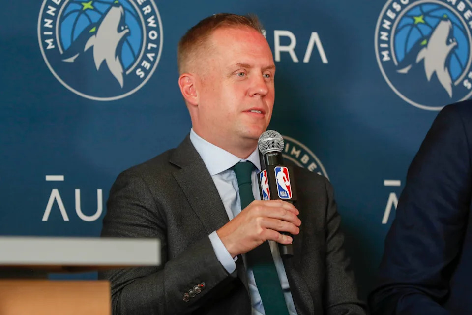 Jun 28, 2022; Minneapolis, MN, USA; Minnesota Timberwolves president of basketball operations Tim Connelly answers questions at a press conference to introduce the 2022 draft picks at Target Center. Mandatory Credit: Bruce Kluckhohn-USA TODAY SportsCredit: Bruce Kluckhohn-Imagn Images