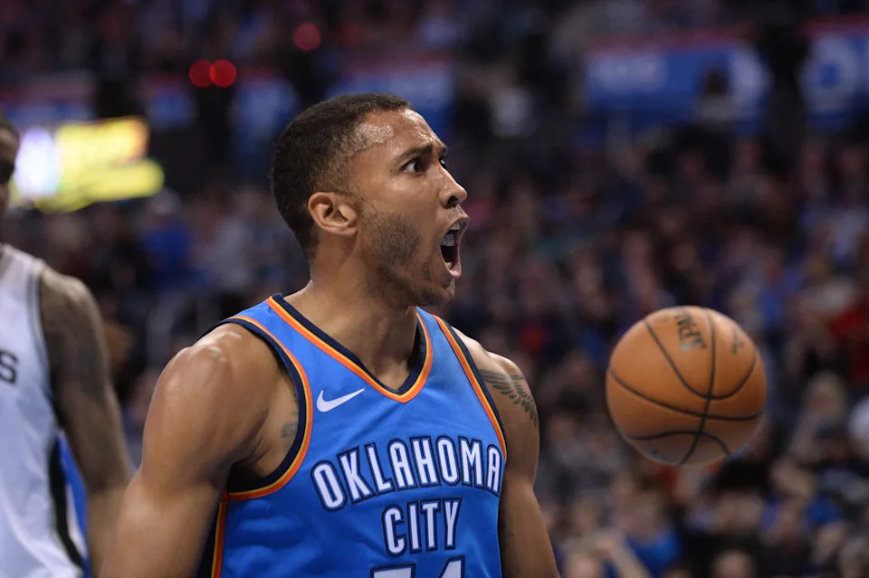 Mar 10, 2018; Oklahoma City, OK, USA; Oklahoma City Thunder guard Josh Huestis (34) reacts after dunking the ball against the San Antonio Spurs during the second quarter at Chesapeake Energy Arena. Mandatory Credit: Mark D. Smith-USA TODAY Sports
