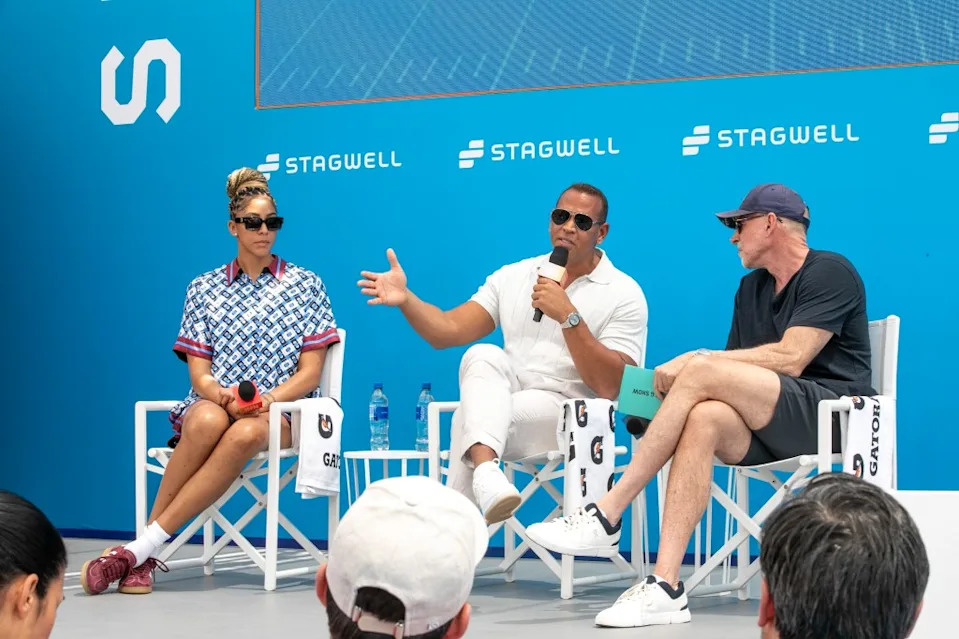 Alex Rodriguez (middle) praises Lynx star Napheesa Collier for her efforts in creating the Unrivaled league while on a panel with Candace Parker (L) and Scott Galloway (R) at Sport Beach by Stagwell during Cannes Lions in June 2025. Ella Pellegrini