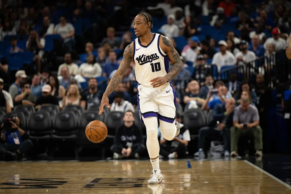 Mar 29, 2025; Orlando, Florida, USA; Sacramento Kings guard/forward DeMar DeRozan (10) dribbles the ball against the Orlando Magic in the first quarter at Kia Center. Mandatory Credit: Jeremy Reper-Imagn ImagesMandatory Credit&colon; Jeremy Reper-Imagn Images