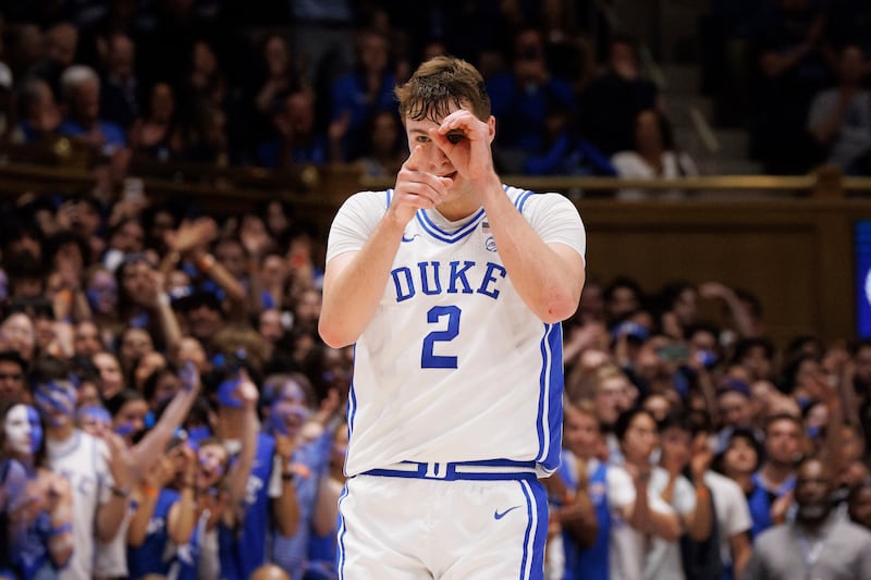 Duke's Cooper Flagg reacts after a play during game against Wake Forest in Durham, N.C., Monday, March 3, 2025.